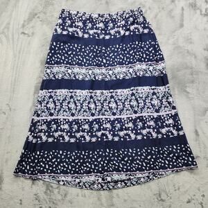 National Skirt Womens L Blue Pink Floral Viscose Midi Pull On Faux Button Front